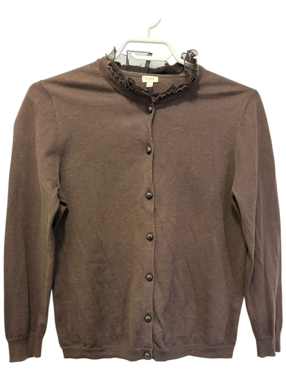 J. Crew Brown Ruffle-Trim Button Cardigan